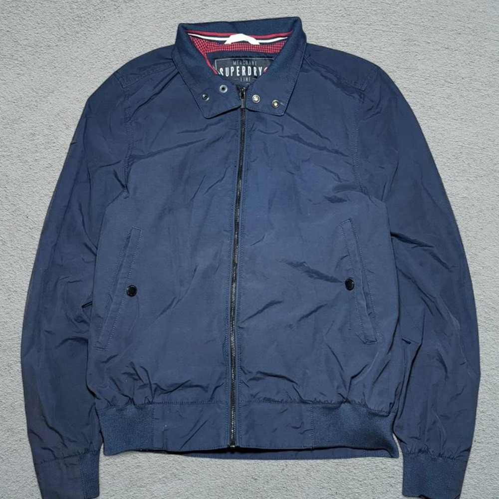 Superdry Merchant Line Navy Blue Bomber Jacket Red Checkered Lining Mens Large